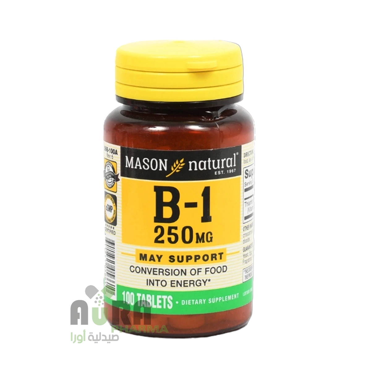 فيتامين ب1 الثيامين من ماسون ناتشورال 250 مجم يدعم صحة الجهاز العصبي والمناعي، 100 قرص