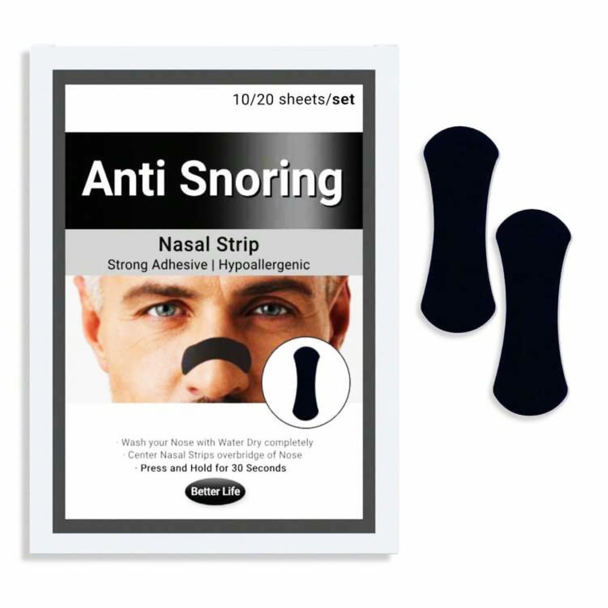 لاصقات أنفية قوية باللون الأسود لتوقيف الشخير، 20 قطعة